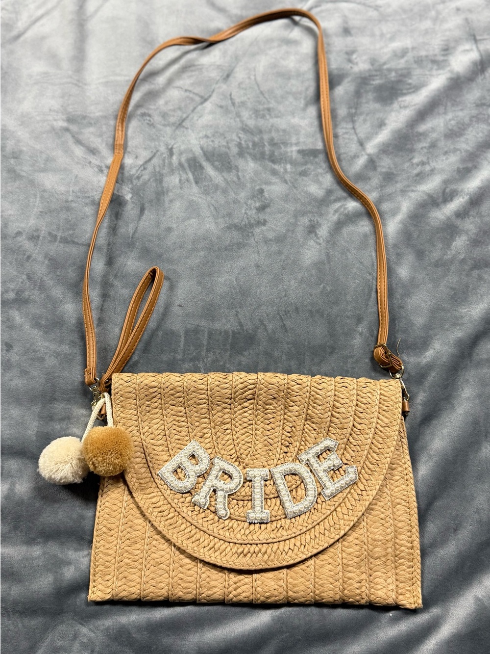 Tan Woven Crossbody Bag with 'BRIDE' Beaded Appliqué